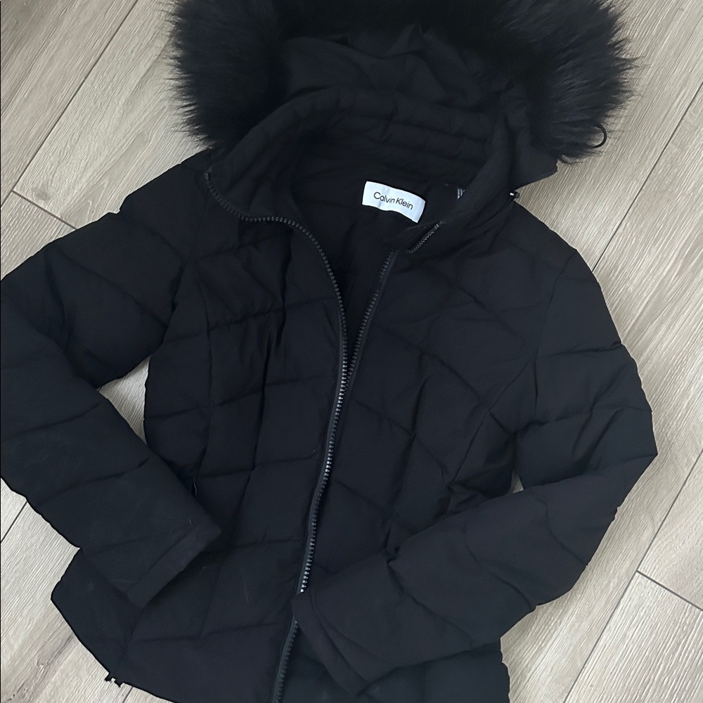 Calvin Klein Quilted Black Jacket with Faux Fur Trim